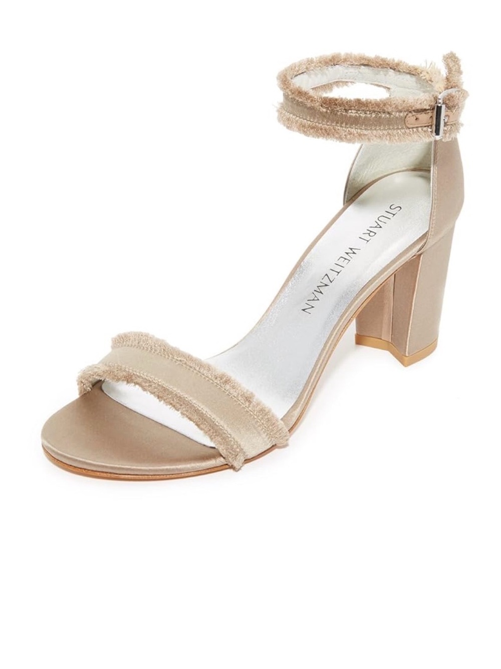 Stuart Weitzman Frayed Ankle-Strap Block Heel Sandal in Beige